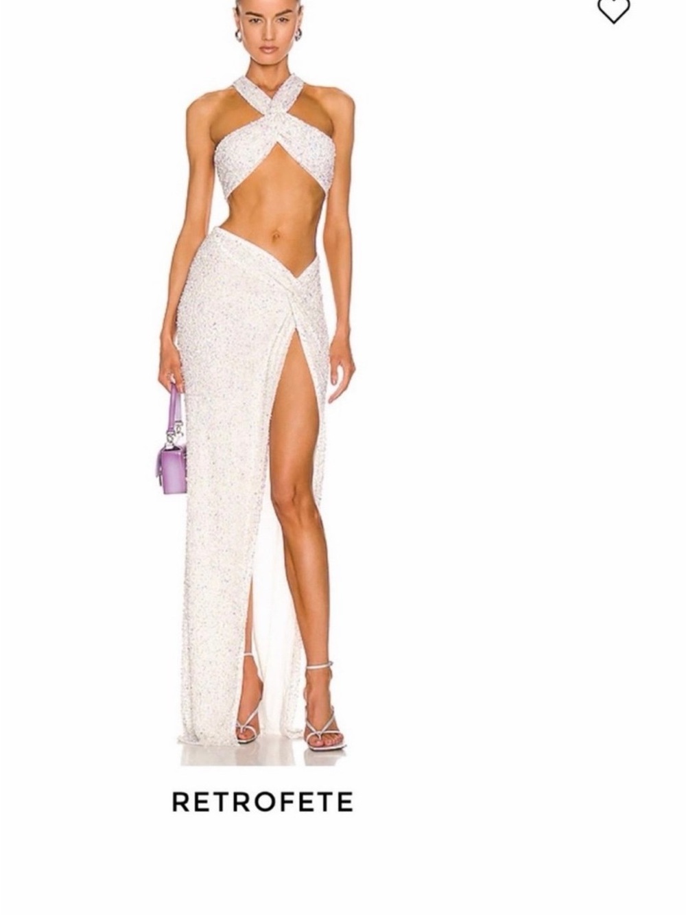 Retrofete Portina 2 Piece Set White Sequin Halter Top High Slit Maxi Skirt